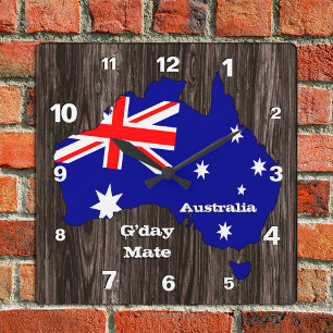 Relógio Quadrado Australia Clock, G'day Mate, wood, Australian Flag