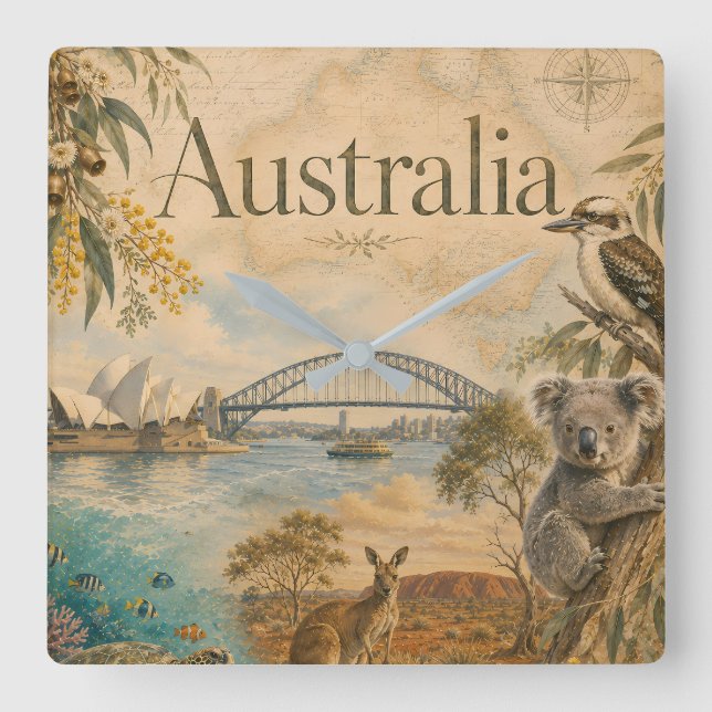 Relógio Quadrado Austrália para amantes da Austrália (Frente)
