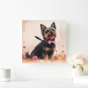 Relógio Quadrado Australiano Terrier com Rosas - Dia de os namorado