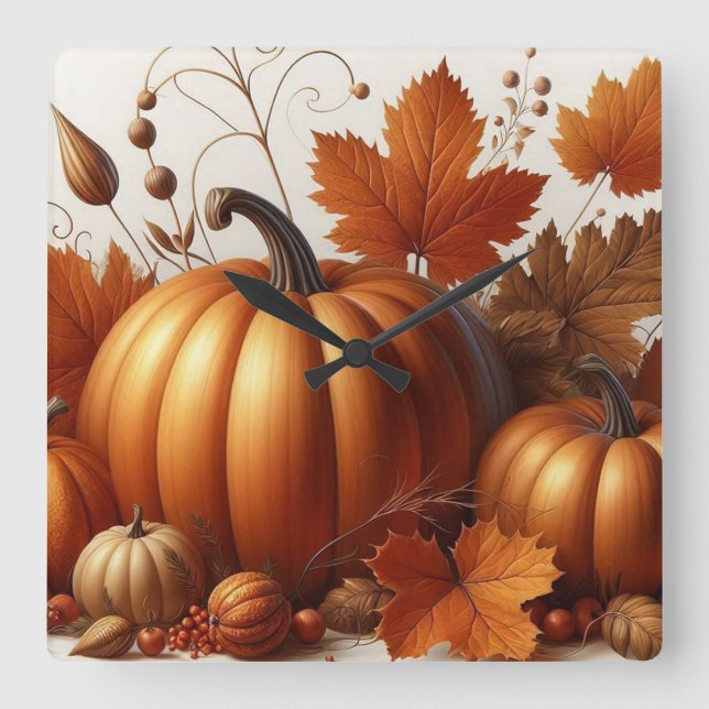 Relógio Quadrado Autumn Foliage e Pumpkins (Frente)