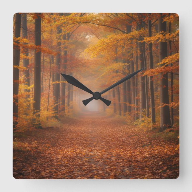 Relógio Quadrado Autumn Forest Wall Clock - Cozy Nature Design (Frente)