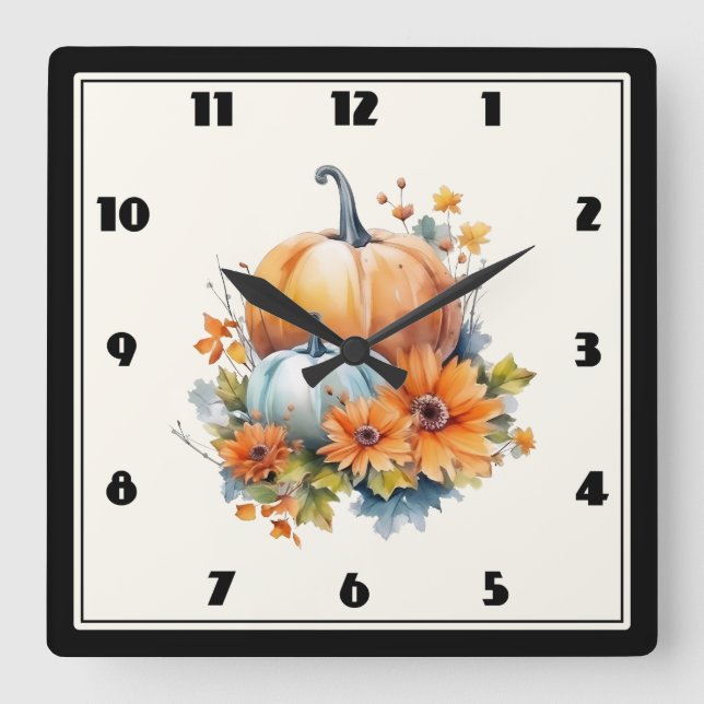 Relógio Quadrado Autumn Pumpkins com Flores e Folhagem (Frente)