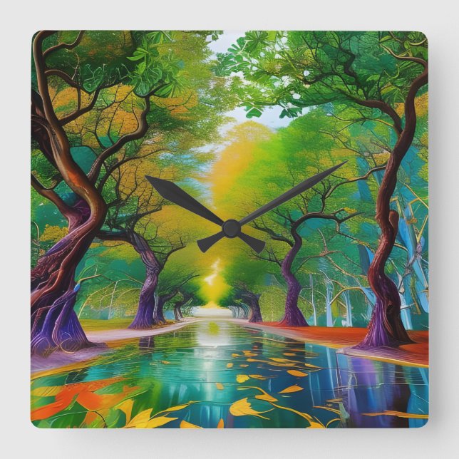 Relógio Quadrado Avenida das folhas de outono das árvores (Frente)