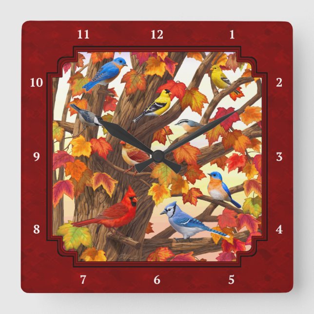 Relógio Quadrado Aves no Outono Maple Tree Red (Frente)