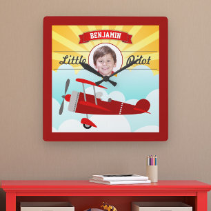 Relógio Quadrado Avião Vermelho Pequeno Nome do Piloto Foto Quarto