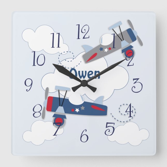 Relógio Quadrado Avião Voador Adventure Baby Boy Clock (Frente)