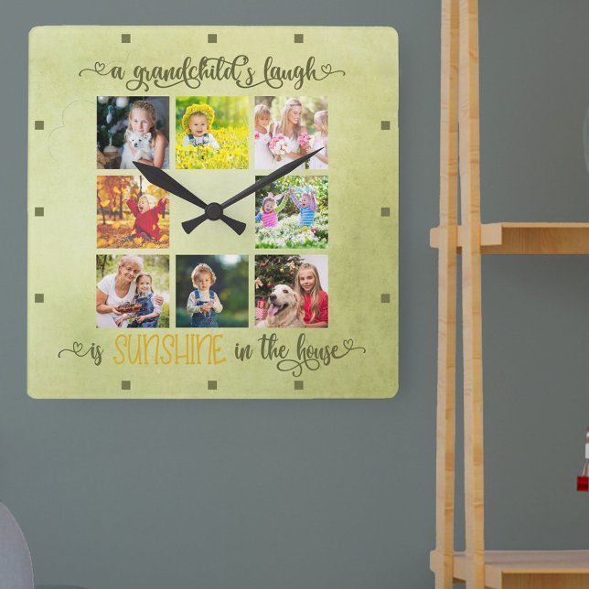 Relógio Quadrado Avós - Colagem de Fotos - Cor Verde Rústica (Beer Clock with mock neon bar sign design.)