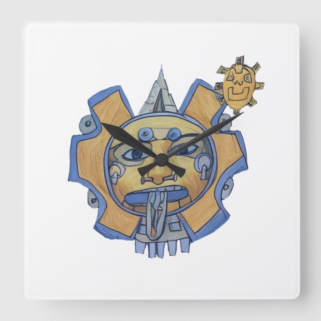 Relógio Quadrado Aztec Gold Sun Square Wall Clock Mayan (Frente)