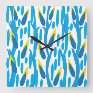 Relógio Quadrado Azul Amarelo Folhas Abstratas Vintage Natureza