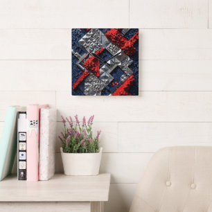 Relógio Quadrado Azul Escuro Vermelho Vibrante Prata Micro Mosaico