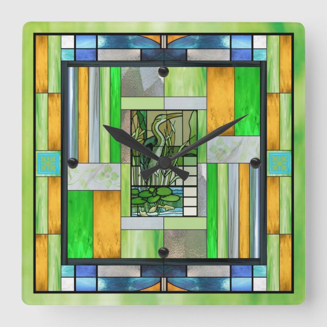 Relógio Quadrado Azul Heron StainGlass (Frente)