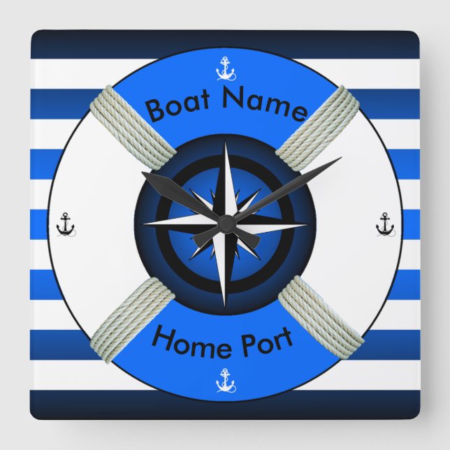 Relógio Quadrado Azul ~Livesaver~Ocean & White~ do ~Life-Anel de (Frente)