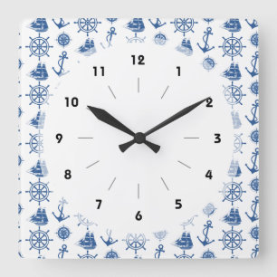 Relógio Quadrado Azul náutico e branco da âncora do tema