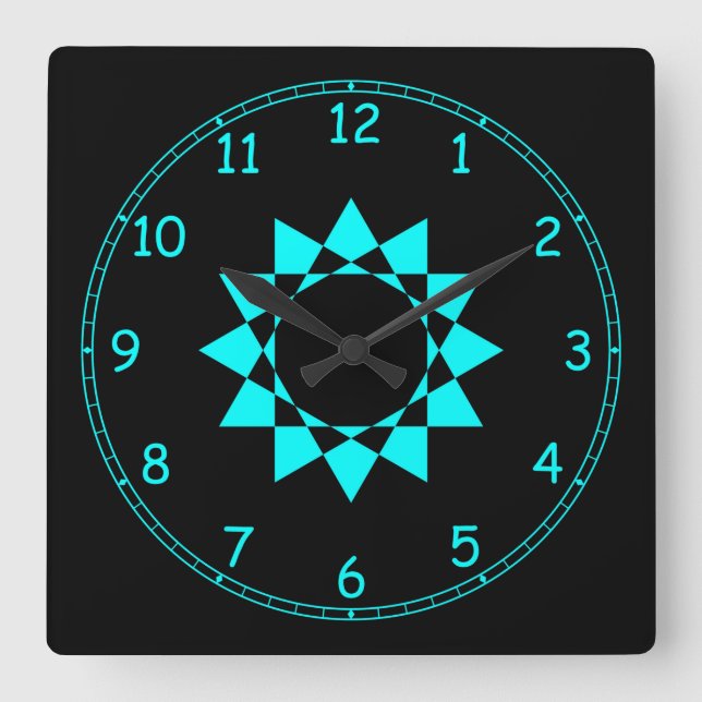 Relógio Quadrado Azul Neon com estrela e quadro divertido (Frente)