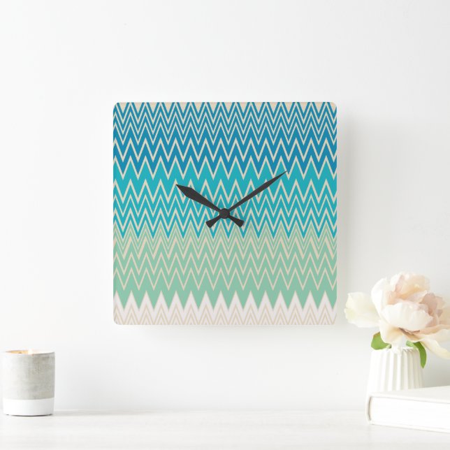 Relógio Quadrado Azul Teal, Turquesa e Zigzags Verdes (Lar)