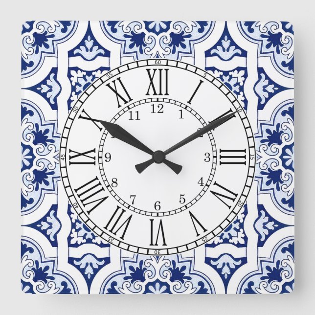 relógio quadrado azulejo azul português (Frente)