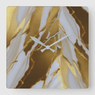 Relógio Quadrado Azulejo Cerâmico 3 Pedras Mármore Dourado
