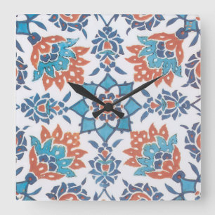 Relógio Quadrado Azulejo de Arte Floral Vintage Azul Branco Vermelh