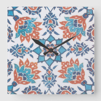 Relógio Quadrado Azulejo de Arte Floral Vintage Azul Branco Vermelh