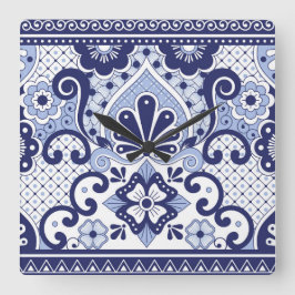 Relógio Quadrado Azulejo de Arte Folclórica Mexicana Azul e Branco
