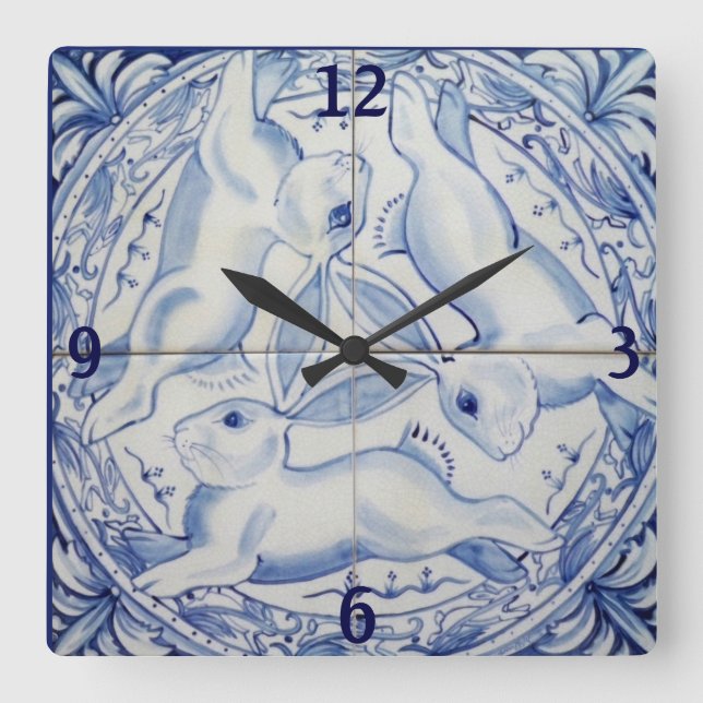 Relógio Quadrado Azulejo de Coelho Azul e Branco Coelho Coelho Três (Frente)