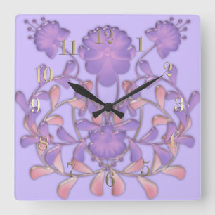 Relógio Quadrado Azulejo de vidro 3D Flores líquidas violeta gzhel