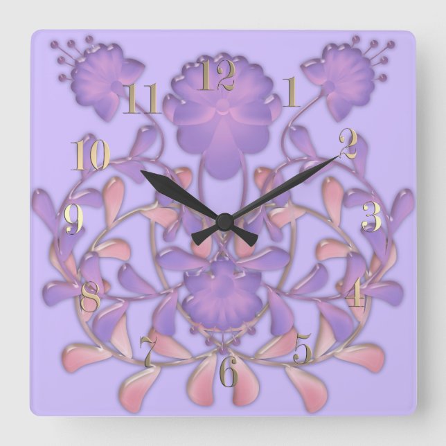 Relógio Quadrado Azulejo de vidro 3D Flores líquidas violeta gzhel (Frente)