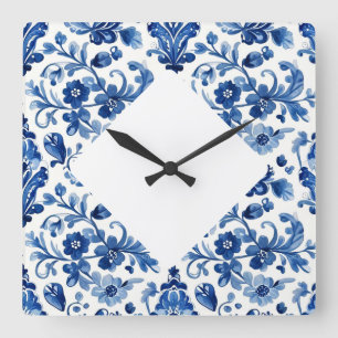 Relógio Quadrado Azulejo Floral Azul Português Vintage
