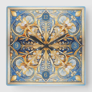 Relógio Quadrado Azulejo Floral Barroco Pat#16 Blue Dourado ID1078