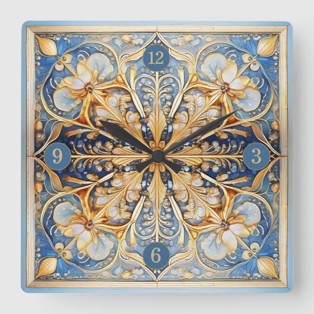 Relógio Quadrado Azulejo Floral Barroco Pat#16 Blue Dourado ID1078 (Frente)