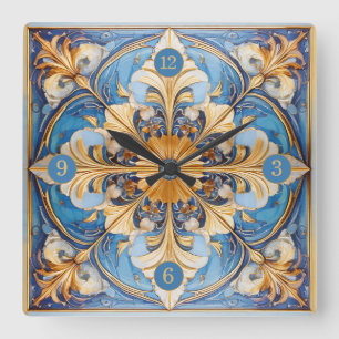 Relógio Quadrado Azulejo Floral Barroco Pat#18 Sky Blue ID1078