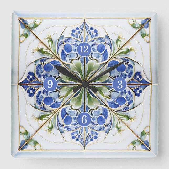 Relógio Quadrado Azulejo Floral Clássico Pat#13 Blue Green ID1078 (Frente)