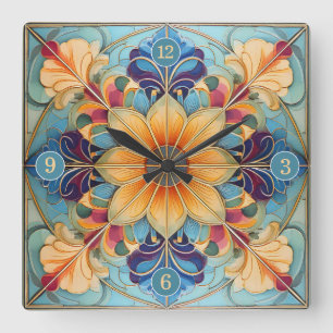 Relógio Quadrado Azulejo Floral Colorido Pat# Pó Azul ID1078 Dourad