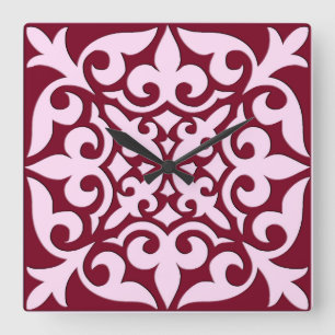 Relógio Quadrado Azulejo marroquino - burgundy e rosa