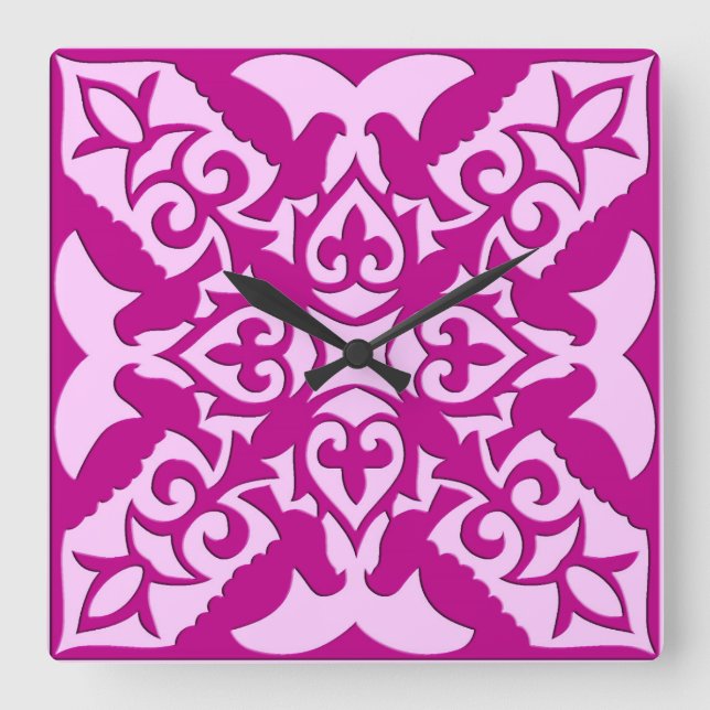 Relógio Quadrado Azulejo marroquino - magenta e rosa (Frente)