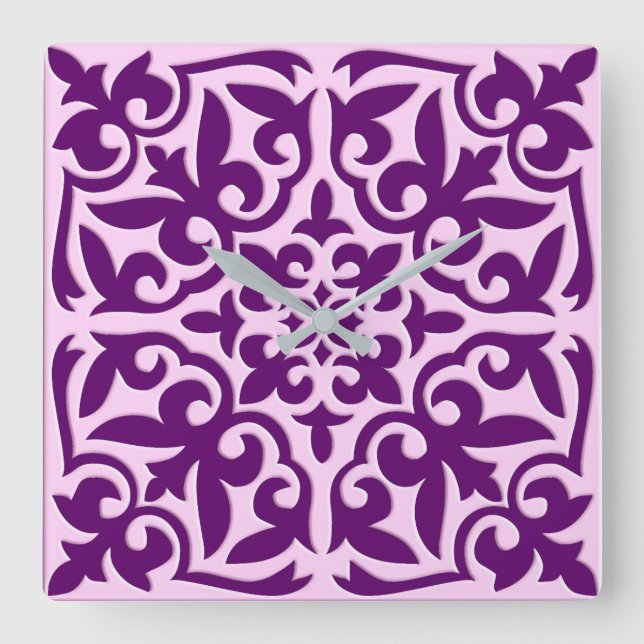 Relógio Quadrado Azulejo marroquino - roxo e orquídea (Frente)