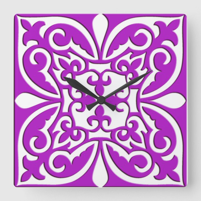 Relógio Quadrado azulejo marroquino - roxo violeta e branco (Frente)