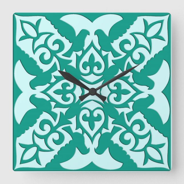 Relógio Quadrado Azulejo marroquino - turquesa e aqua (Frente)