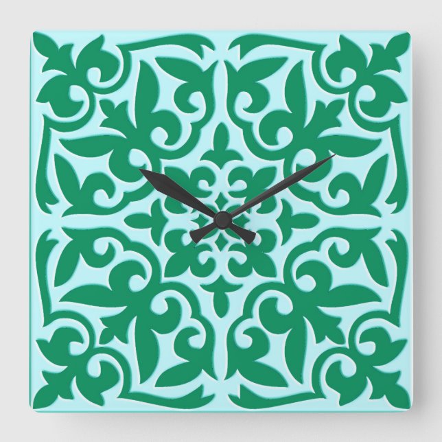 Relógio Quadrado Azulejo marroquino - turquesa e aqua (Frente)