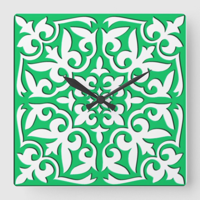 Relógio Quadrado Azulejo marroquino - verde e branco de jade (Frente)