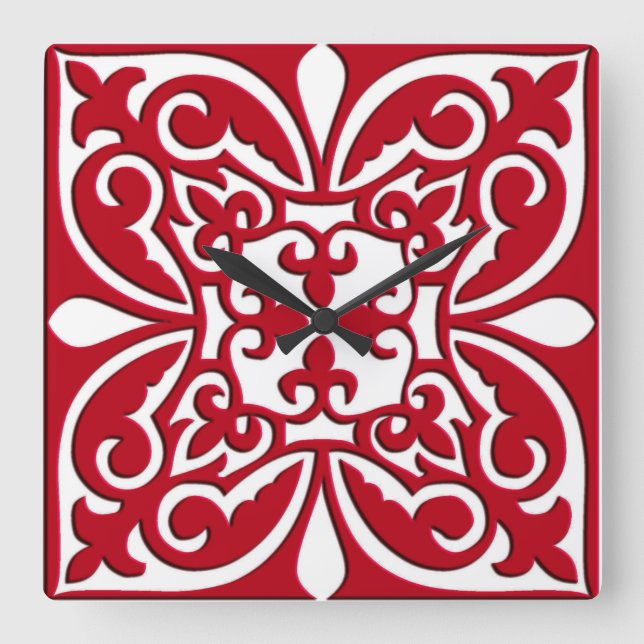Relógio Quadrado Azulejo marroquino - vermelho escuro e branco (Frente)