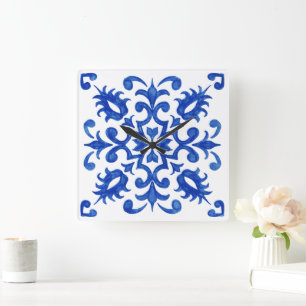 Relógio Quadrado Azulejo Português azul central medalhão redondo