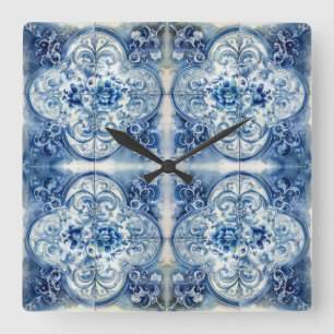 Relógio Quadrado Azulejos Antigos em Azul Delft