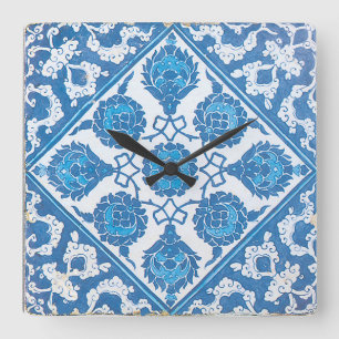 Relógio Quadrado Azulejos Brancos Flores de Milho Azuis Vintage