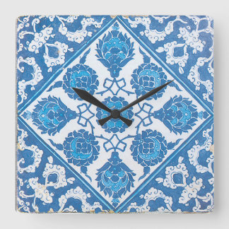 Relógio Quadrado Azulejos Brancos Flores de Milho Azuis Vintage