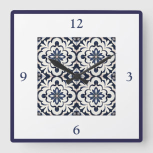 Relógio Quadrado Azulejos de Porcelana Vintage Azul e Branco