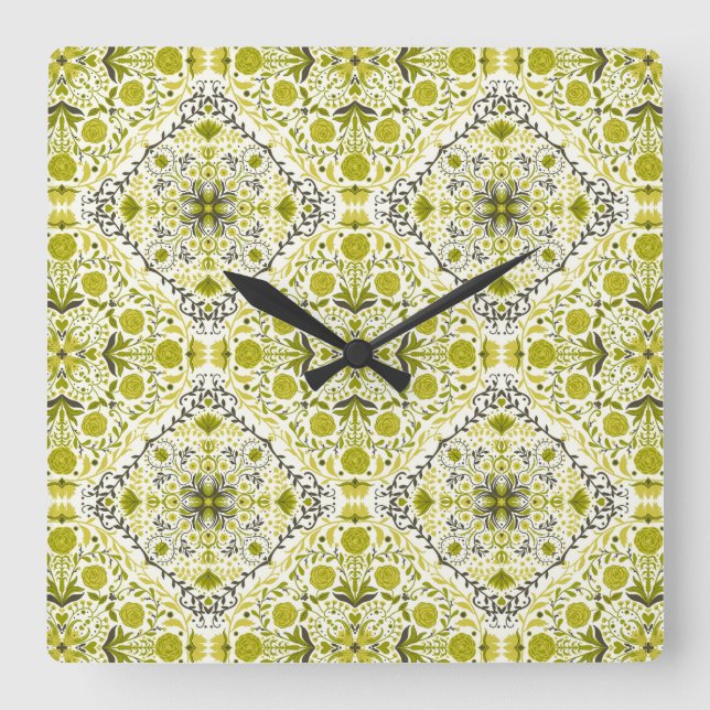 Relógio Quadrado Azulejos Florais em verde (Frente)
