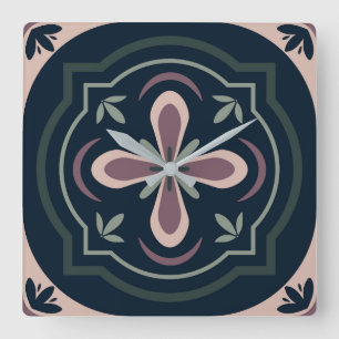 Relógio Quadrado azulejos geométricos florais de cores terrosas