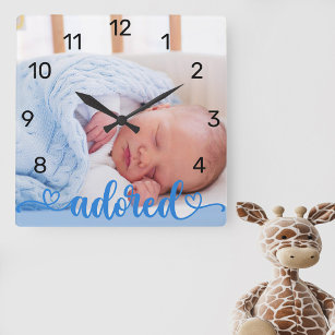 Relógio Quadrado Baby Boy Photo Blue Adoring Calliografia Nursery