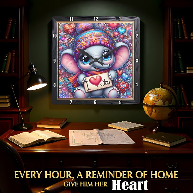 Relógio Quadrado Baby Elephant I Love You (Criador carregado)